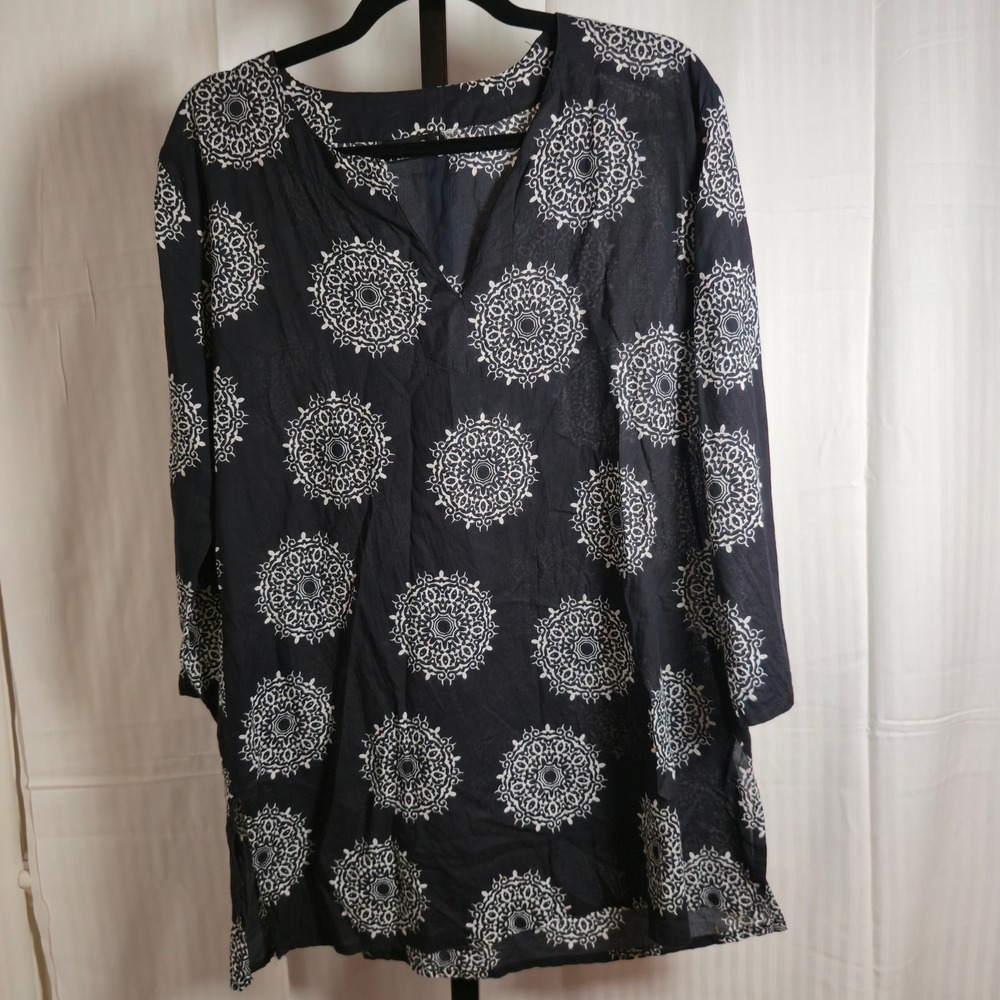 KikiSol Black Tunic Top Women's Long‎ Sleeve Medallion Print Cotton